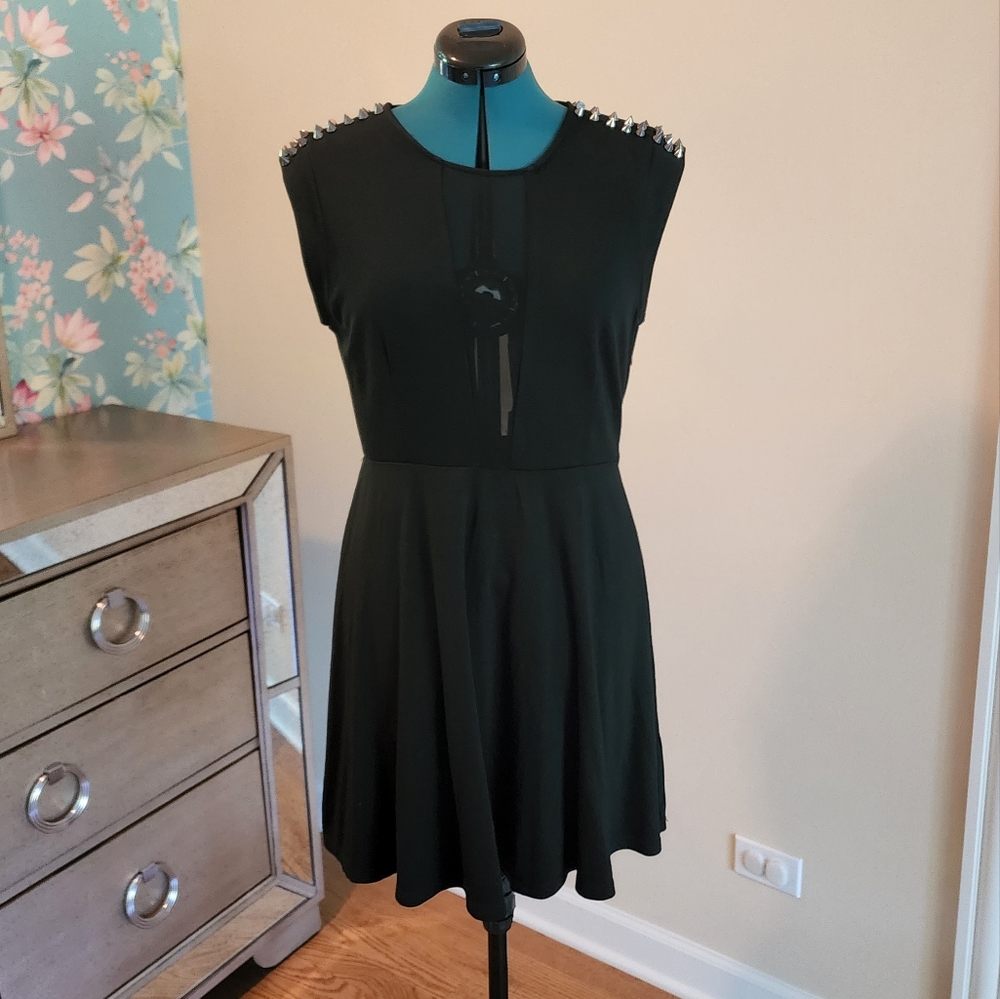 FOREVER 21 Black Studded Mini dress with Mesh Contrast L